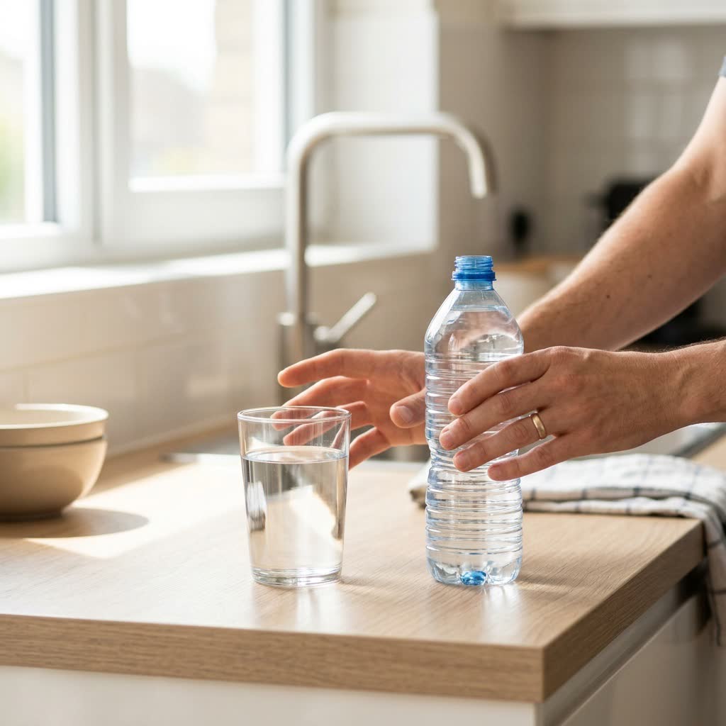 Homeowner reaching for bottled water at the kitchen counter