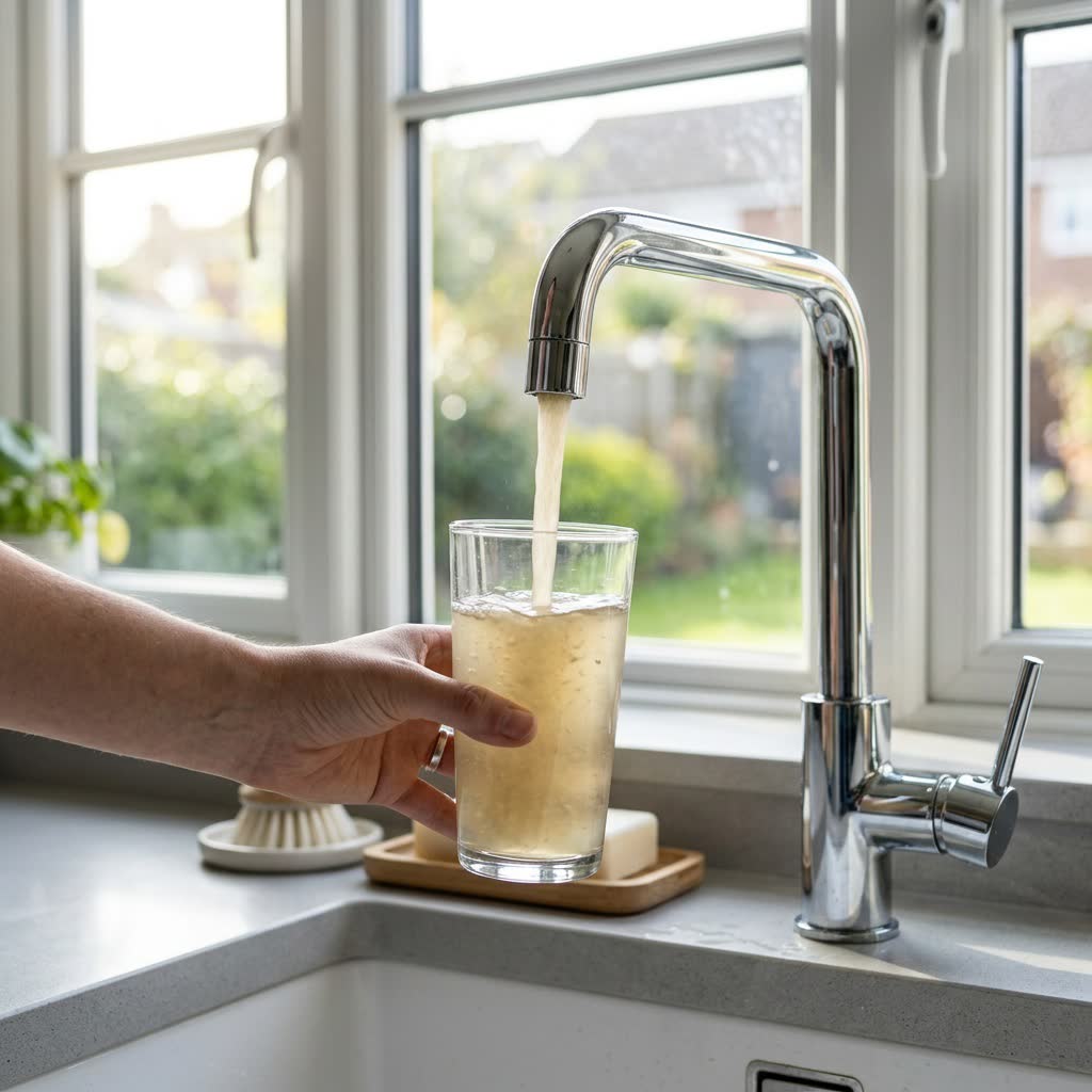 Glass filling with cloudy, discolored tap water