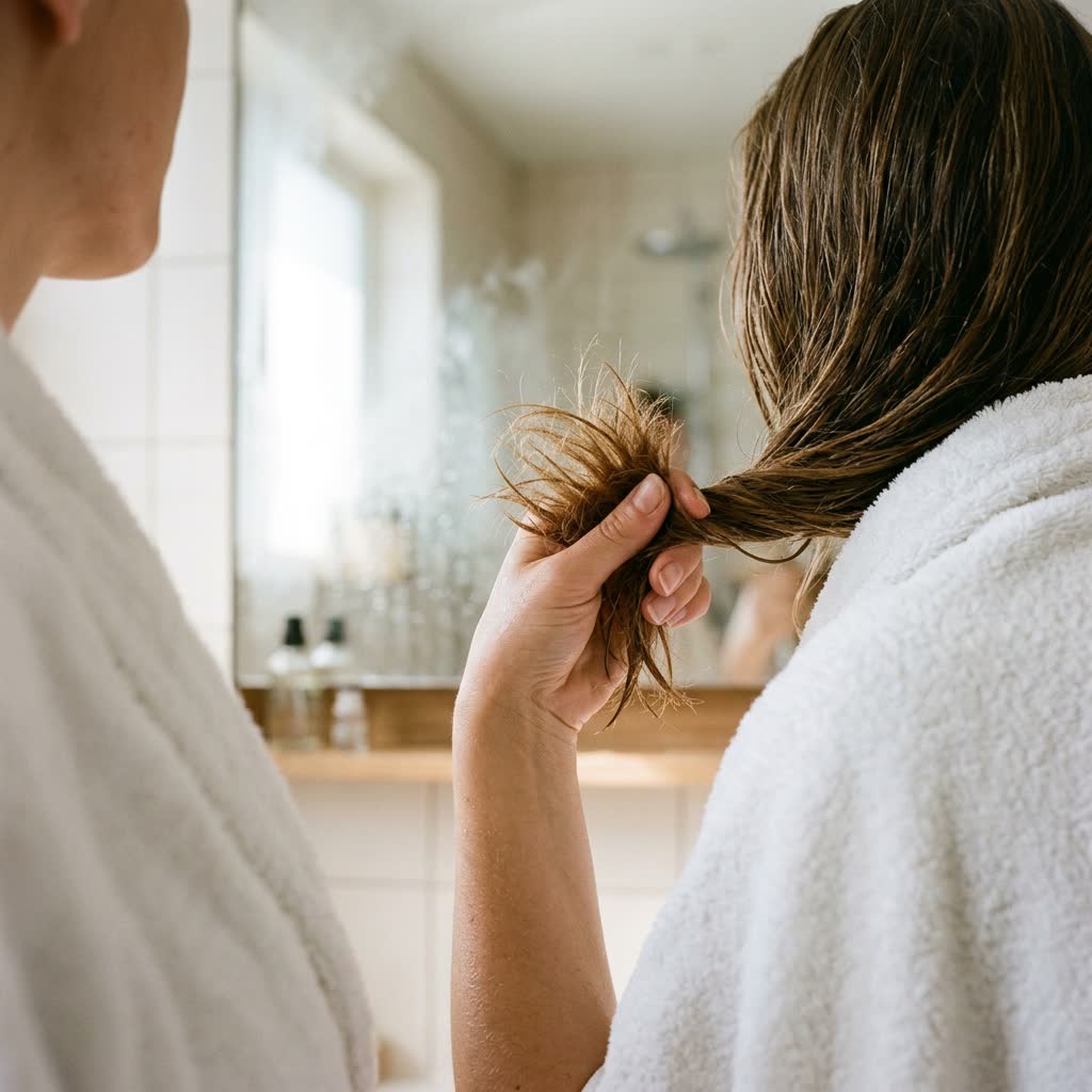 Woman checking dry, frizzy hair after a shower