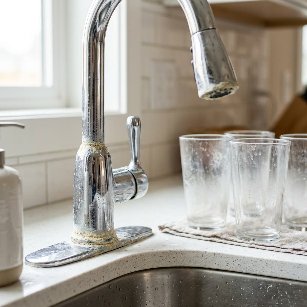 Hard water scale on a kitchen faucet, the kind of problem our water treatment ads target