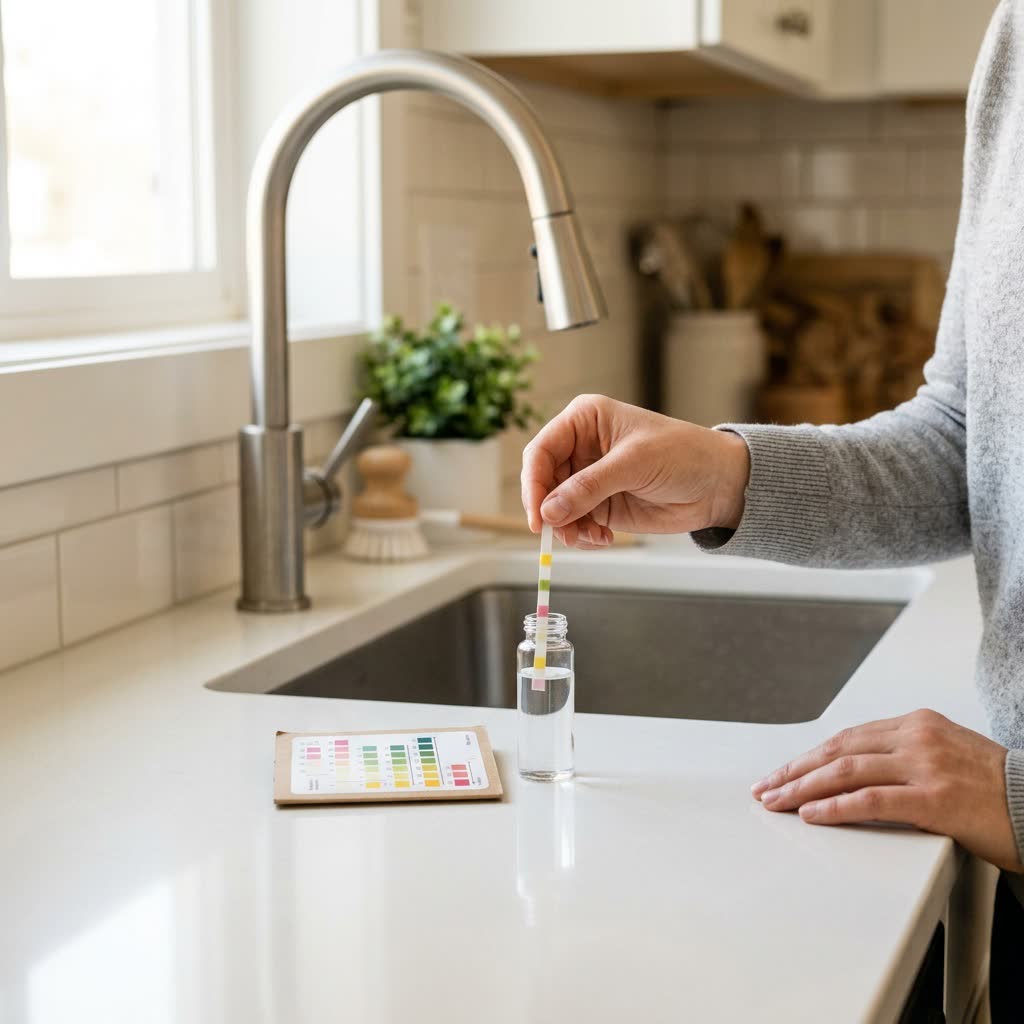 In-home water test strip at the kitchen sink