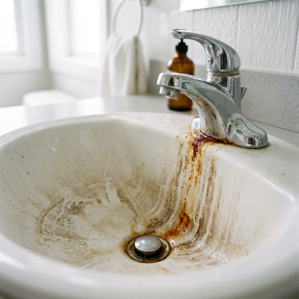 Orange rust and iron stains in a bathroom sink